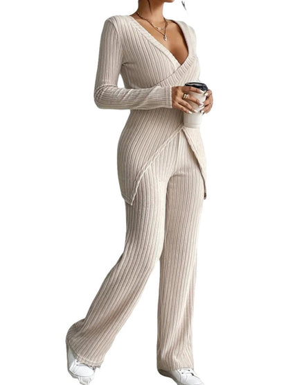 Women's Ribbed Fall Set Solid Color V-Neck Long Sleeve Slim Fit Cross Front Tops Long Pants 2pcs Outfits