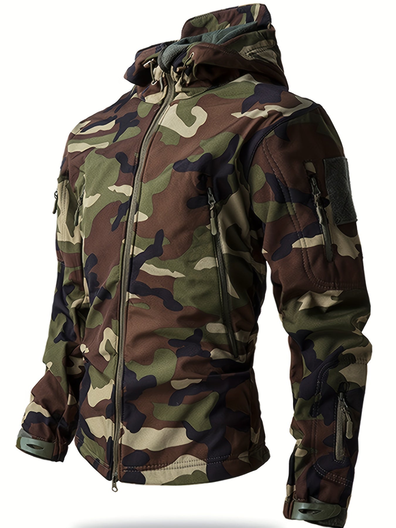 Men's Camouflage Printed Jacket, Softshell Hooded Outdoor Sports Coat, Hiking Casual Garment