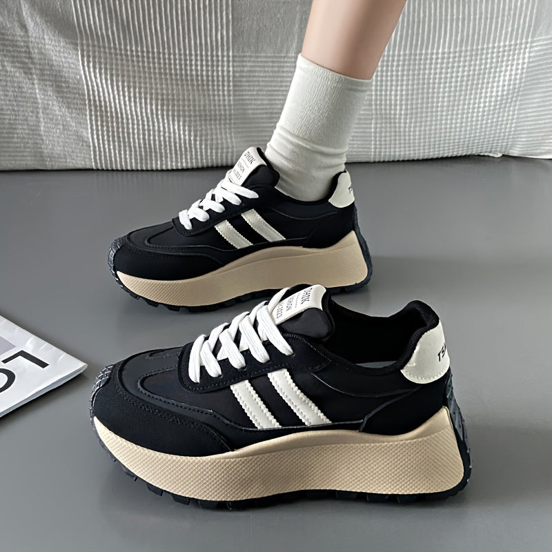 1 Pair Women'S Fashion Chunky Sneakers 2024, Striped Low Top Lace-Up Sports Shoes, All-Season Lightweight Casual Athletic Footwear with Plain Toe, Fabric Upper & Inner, PVC Sole, No-Print Design