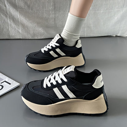 1 Pair Women'S Fashion Chunky Sneakers 2024, Striped Low Top Lace-Up Sports Shoes, All-Season Lightweight Casual Athletic Footwear with Plain Toe, Fabric Upper & Inner, PVC Sole, No-Print Design