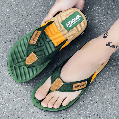 Men's Summer Flip-Flops - Non-Slip, Odor-Resistant Beach Sandals with Arch Support, Green & Yellow Striped Design, Comfortable EVA Upper & Rubber Sole for Everyday and Casual Wear, Leisure Comfort | Casual Style | Durable San