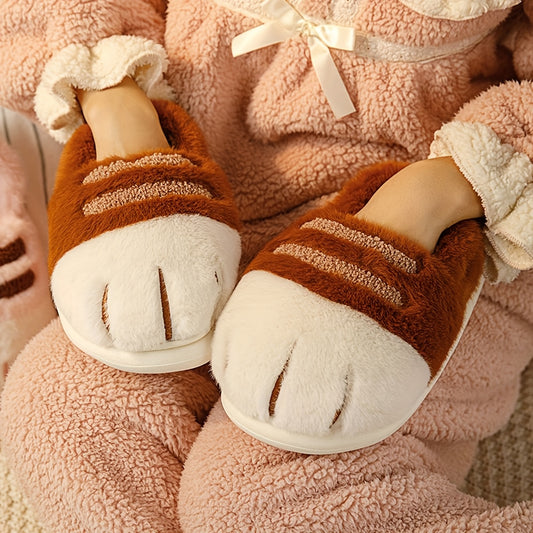 Winter Cartoon Cat Paw Style Women's Slippers for Home Warmth Men's Plush Flat Shoes