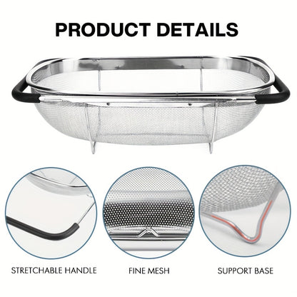 Expandable Stainless Steel Filter with Fine Mesh And Drain Basket - Suitable for Vegetables And Fruits, Kitchen Essentials, Food Safety, Filtered Vegetables
