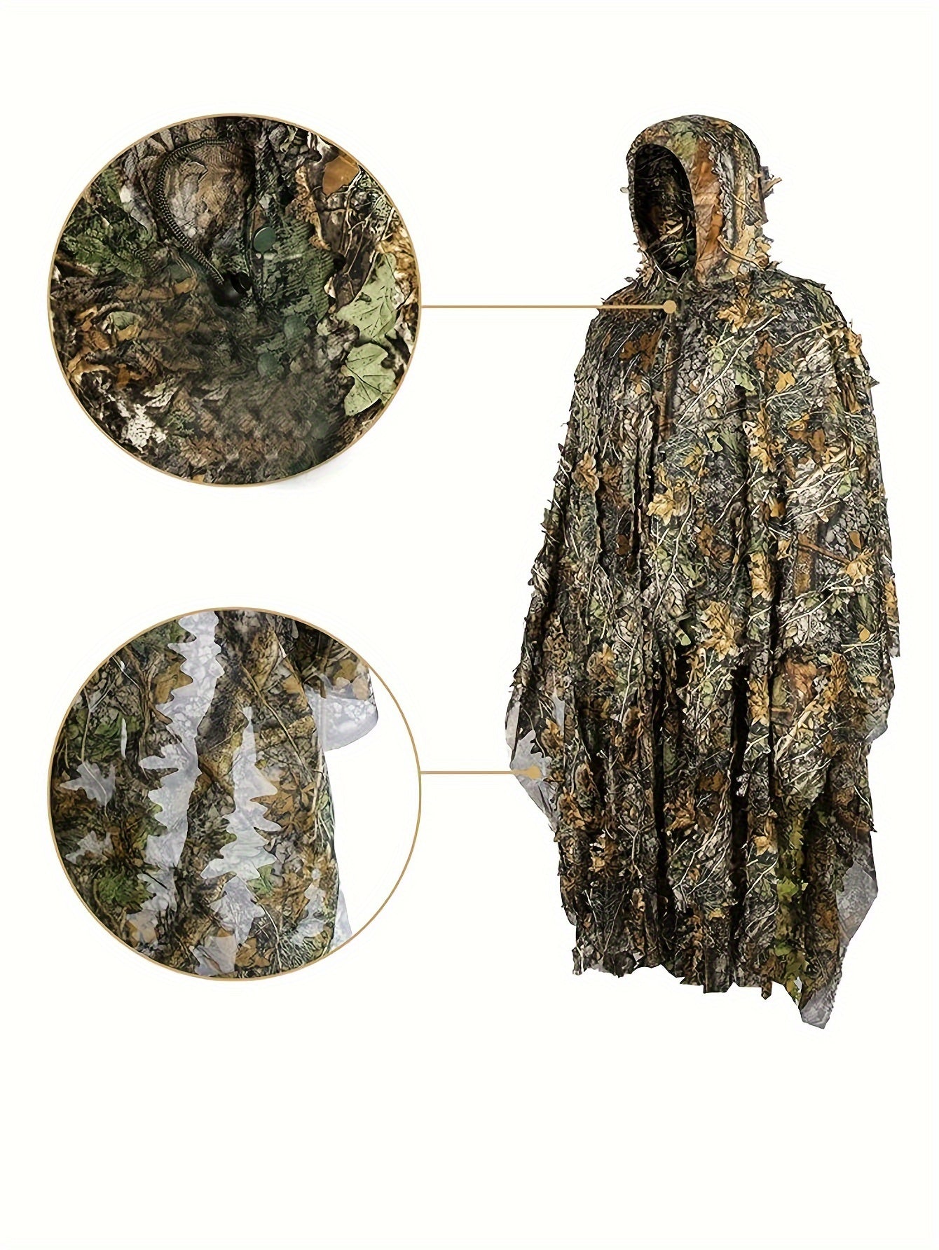 1pc Camo Leaf Pattern Hooded Poncho, 3D Leaf Camouflage Mesh Hooded Army Costume, Polyester 100% Knit Fabric with Slight Stretch, Loose Fit for Outdoor Activities, Hunting, Bird Watching, Survival Games - S-XL