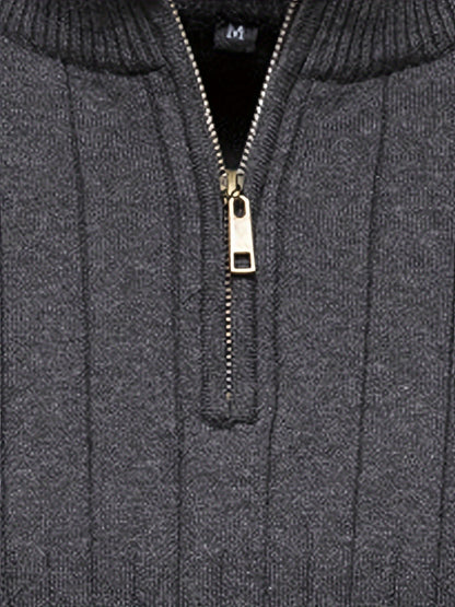 Men's Navy Blue Half-Zip Stand Collar Sweatshirt - Stretch Blend, Ribbed Texture, Long Sleeve - Ideal for Fishing & Walking in Fall/Winter