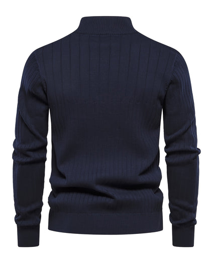 Men's Navy Blue Half-Zip Stand Collar Sweatshirt - Stretch Blend, Ribbed Texture, Long Sleeve - Ideal for Fishing & Walking in Fall/Winter