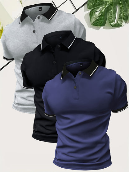 3Pcs Breathable Men's Golf Shirt, Regular Fit V-Neck Short Sleeve Casual T-Shirt for Summer