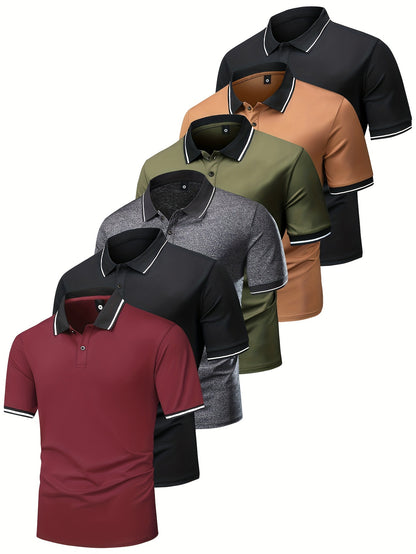 6pcs Short Sleeve Men's Fashionable Lapel Golf T-shirt, Suitable for Tennis and Commercial Entertainment, Ideal Gift