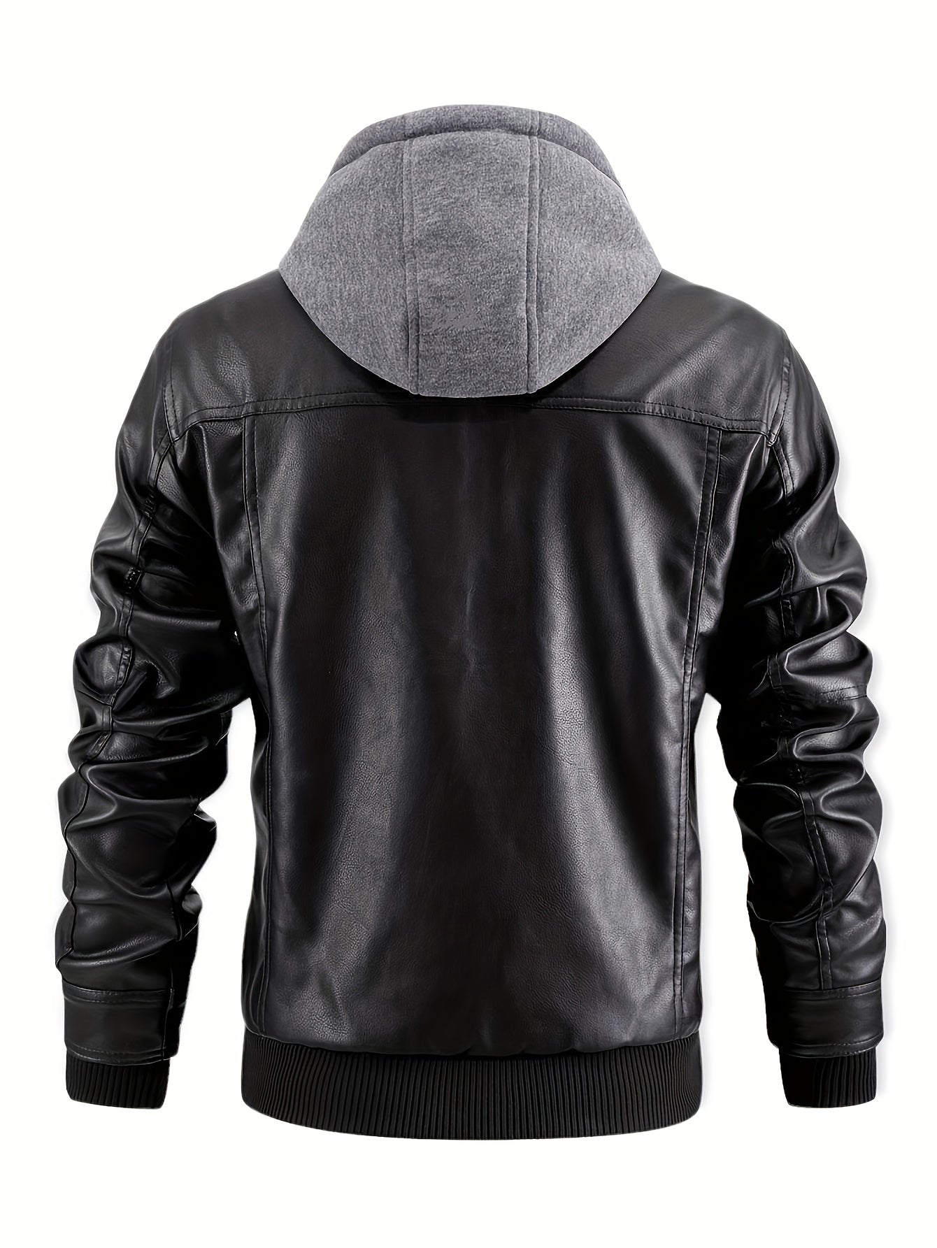 Men's Casual Stand Collar PU PU Leather Zip-Up Motorcycle Bomber Jacket with Removable Hood