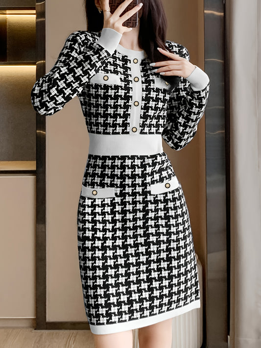 Allover Print Color Block Dress, Elegant Button Front Long Sleeve Dress, Women's Clothing