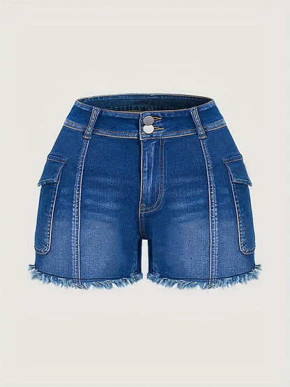 Women's Mid-Rise Slim Fit Distressed Denim Shorts with Double Buttons, Raw Hem & Side Pockets - High Elasticity, Breathable Soft Fabric for Spring/Summer Casual Wear