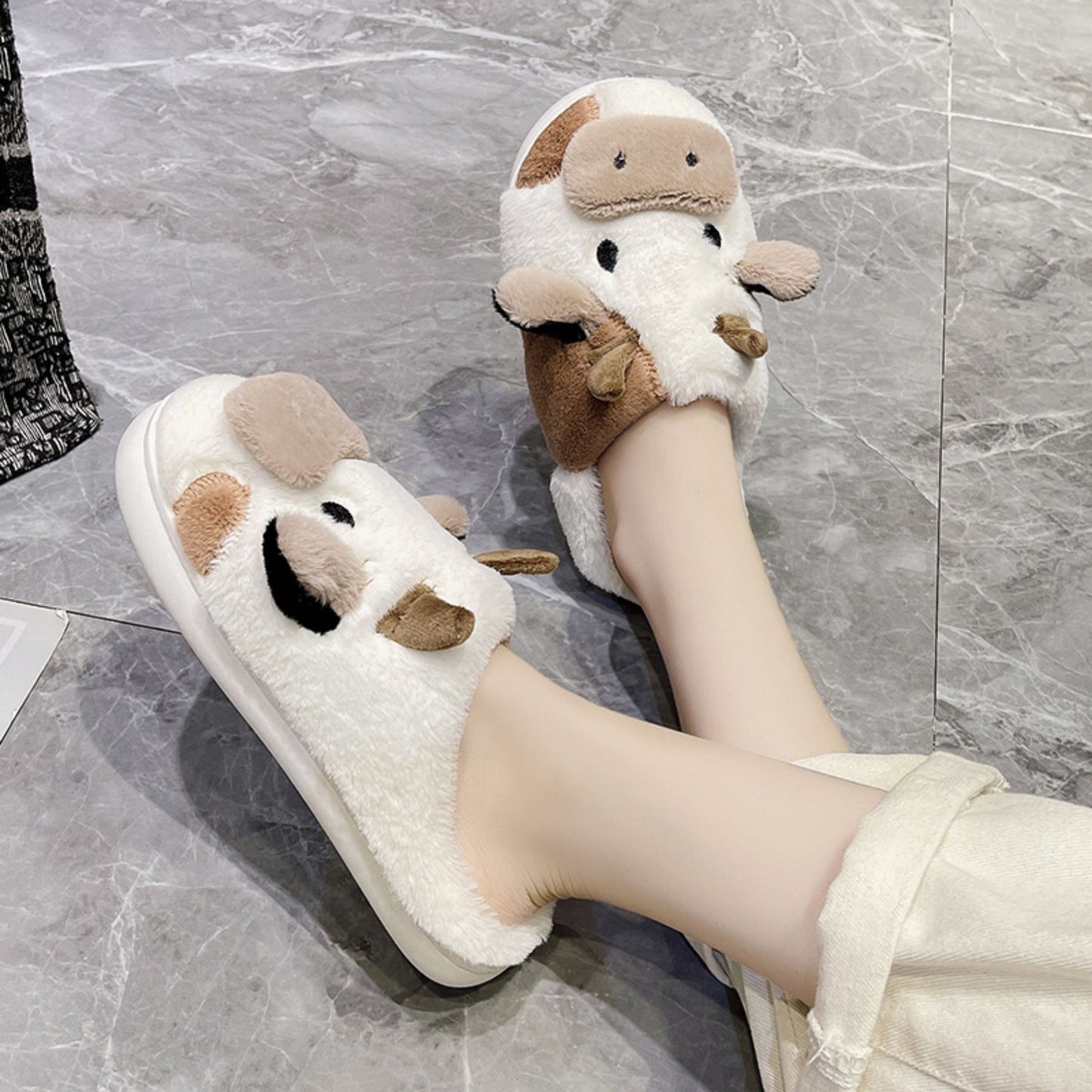 Fuzzy Cute Cow Slippers For Women Winter Warm Cozy Animal Fluffy Kawaii House Slippers Cute Slippers