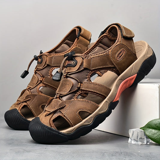 Sandals Men's Outdoor Leather Non-slip Casual Shoes Men's Head Layer Cowhide Summer Baotou Breathable Soft Bottom Beach Shoes Men