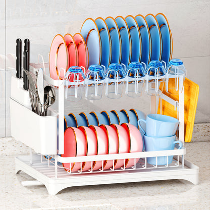 Dish Rack, 2 Tier Utensil Holder, Rustproof Kitchen Dish Drying Rack With Drainboard And Utensil Holder For Kitchen Countertop, Kitchen Accessories