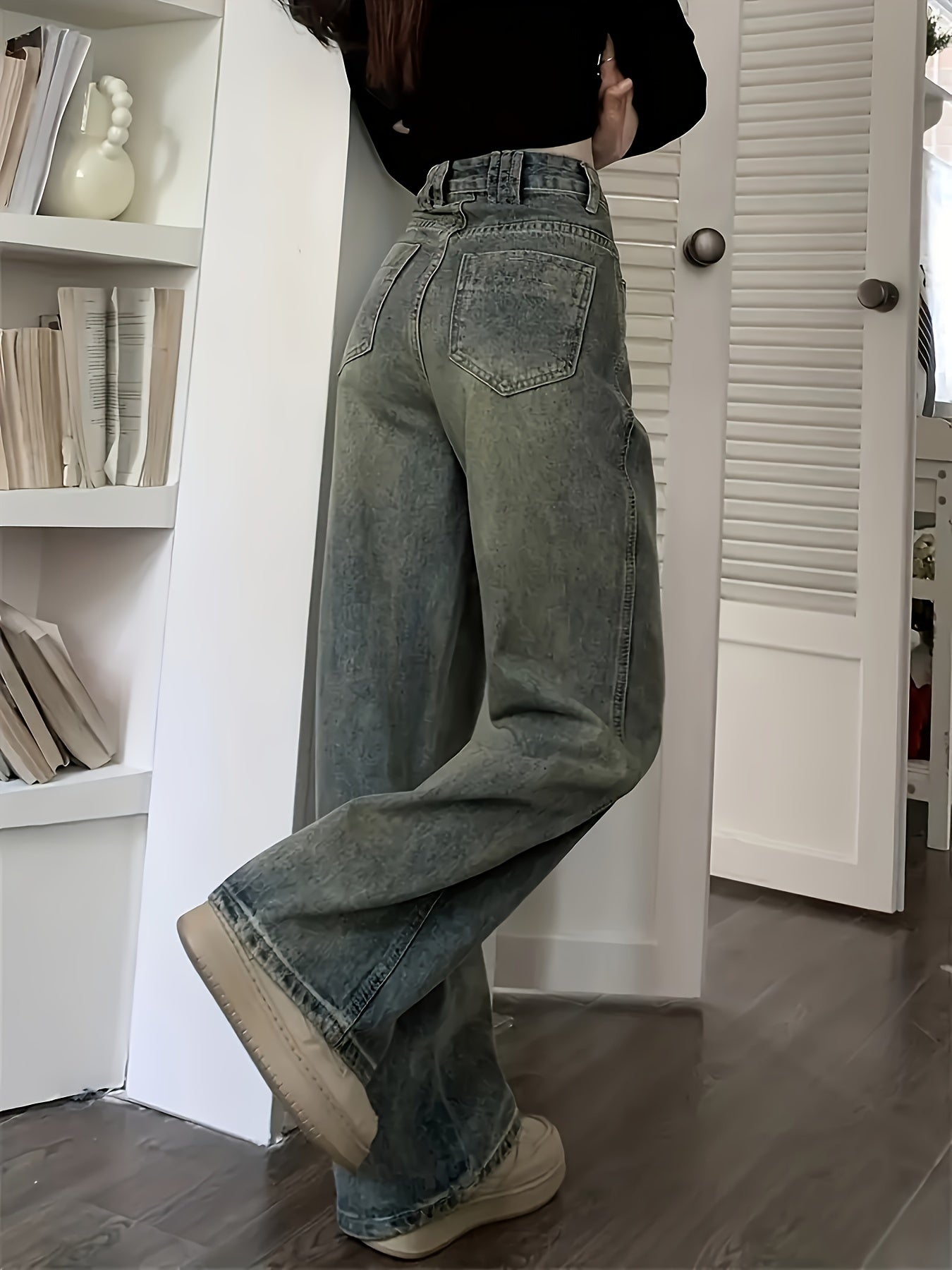Vintage Loose Straight Leg Jeans With Multi Pockets, Casual Versatile Denim Pants For Women, Women's Clothing & Denim