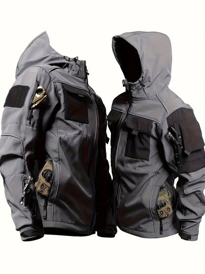 Men's Outdoor Zip Up Softshell Jacket With Pockets, Waterproof, Scratch Resistant And Warm Hooded Jacket For Outdoors