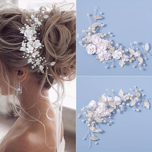 1Pc Flower Bride Wedding Hair Vine Pearl Bridal Hair Piece Leaf Hair Accessories Rhinestone Headband For Women And Girls