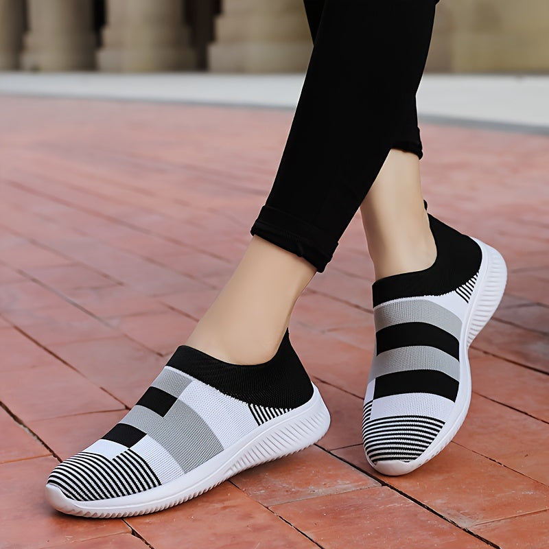Women's Breathable Knit Sneakers, Casual Slip On Outdoor Shoes, Comfortable Low Top Shoes