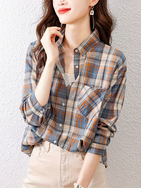 Plaid Pattern Button Front Shirt, Elegant Long Sleeve Lapel Collar Shirt, Women's Clothing