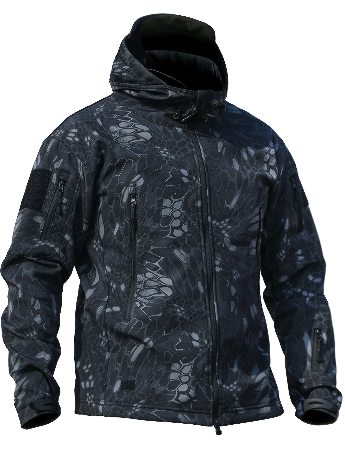 Men's Camouflage Printed Jacket, Softshell Hooded Outdoor Sports Coat, Hiking Casual Garment