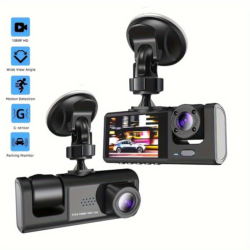 Vavupo 1080P Triple Dash Cam for Cars - Front, Inside & Rear View with IR Night Vision, Loop Recording, Wide Angle Lens, and 5.08cm IPS Display