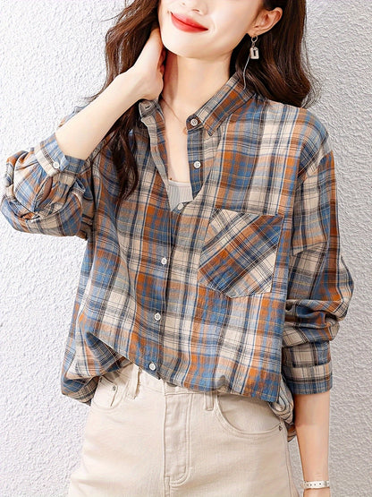 Plaid Pattern Button Front Shirt, Elegant Long Sleeve Lapel Collar Shirt, Women's Clothing
