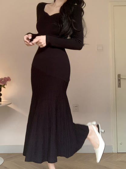 Long Sleeve V-Neck Knit Dress, Polyester, Polyamide, Viscose Blend, Middle Eastern Style, Autumn/Winter, Floor-Length, A-Line, Hand Wash Or Dry Clean