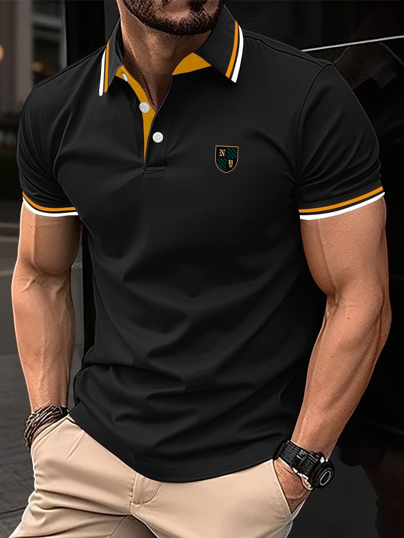 Casual Men's Short Sleeve Golf Shirt With Contrast Trim Design, Comfy Male Shirt For Golf Sports, Gift For Men