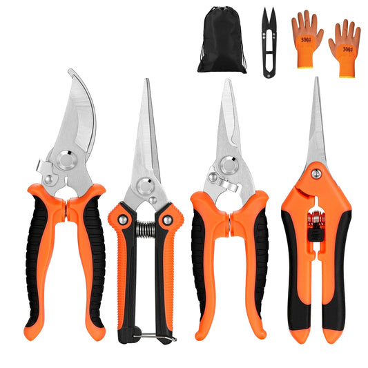 5 Packs, Garden Pruning Shears Stainless Steel Blades, Handheld Scissors Set With Gardening Gloves, Heavy Duty Garden Bypass Pruning Shears, Tree Trimmers Secateurs, Hand Pruner (Orange), Soft Cushion Grip Handle Clippers For