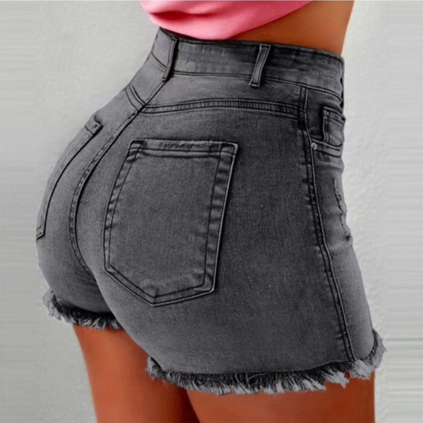 [Summer Wardrobe] Women's High-Waist Black Denim Shorts with Fringe Detail - Stylish Slimming Summer Essential, Look, Raw Hem, Casual Hot Pants for Spring/Summer