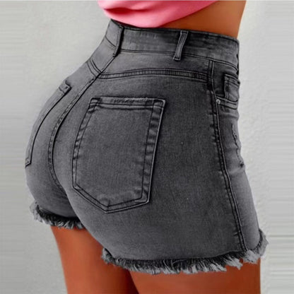 [Summer Wardrobe] Women's High-Waist Black Denim Shorts with Fringe Detail - Stylish Slimming Summer Essential, Look, Raw Hem, Casual Hot Pants for Spring/Summer