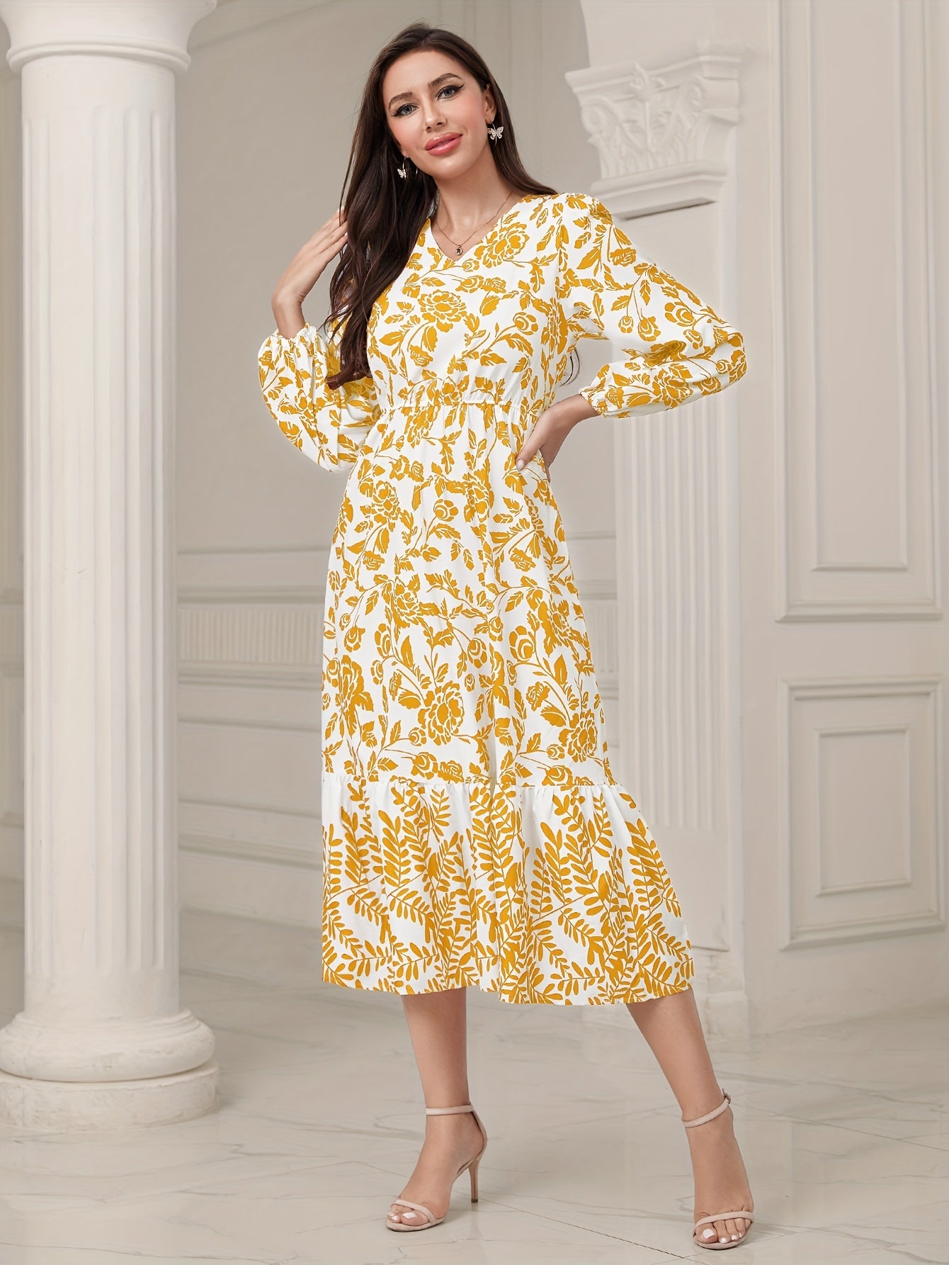 Floral & Leaves Print V-neck Dress, Elegant Elastic Waist Long Sleeve Dress For Spring & Fall, Women's Clothing