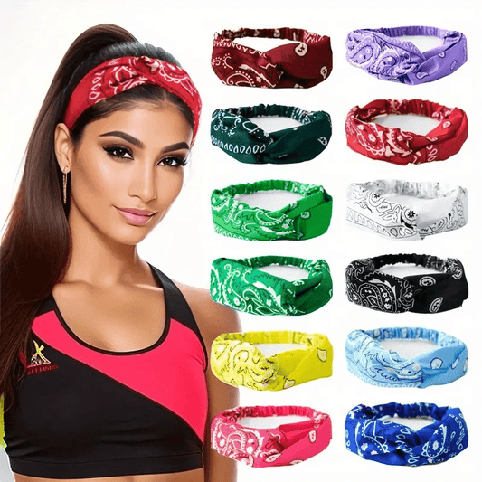 12pcs Bohemian Paisley Knot Elastic Headbands for Women – Stylish, Sweat-Wicking Yoga & Sports Hair Bands in Assorted Colors (Red, Purple, Green, Yellow, Blue, Black, White, Pink) – Perfect Gift for Fitness Enthusiasts, F