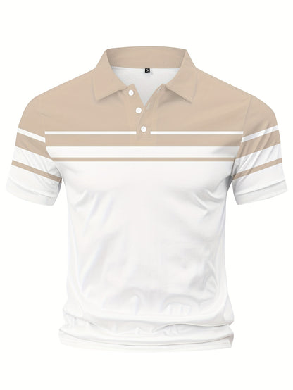 Men's Stripes Color Blocking Print Summer Short Sleeve Lapel T-shirt, Casual Comfy Sports Top As Gift