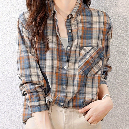 Plaid Pattern Button Front Shirt, Elegant Long Sleeve Lapel Collar Shirt, Women's Clothing