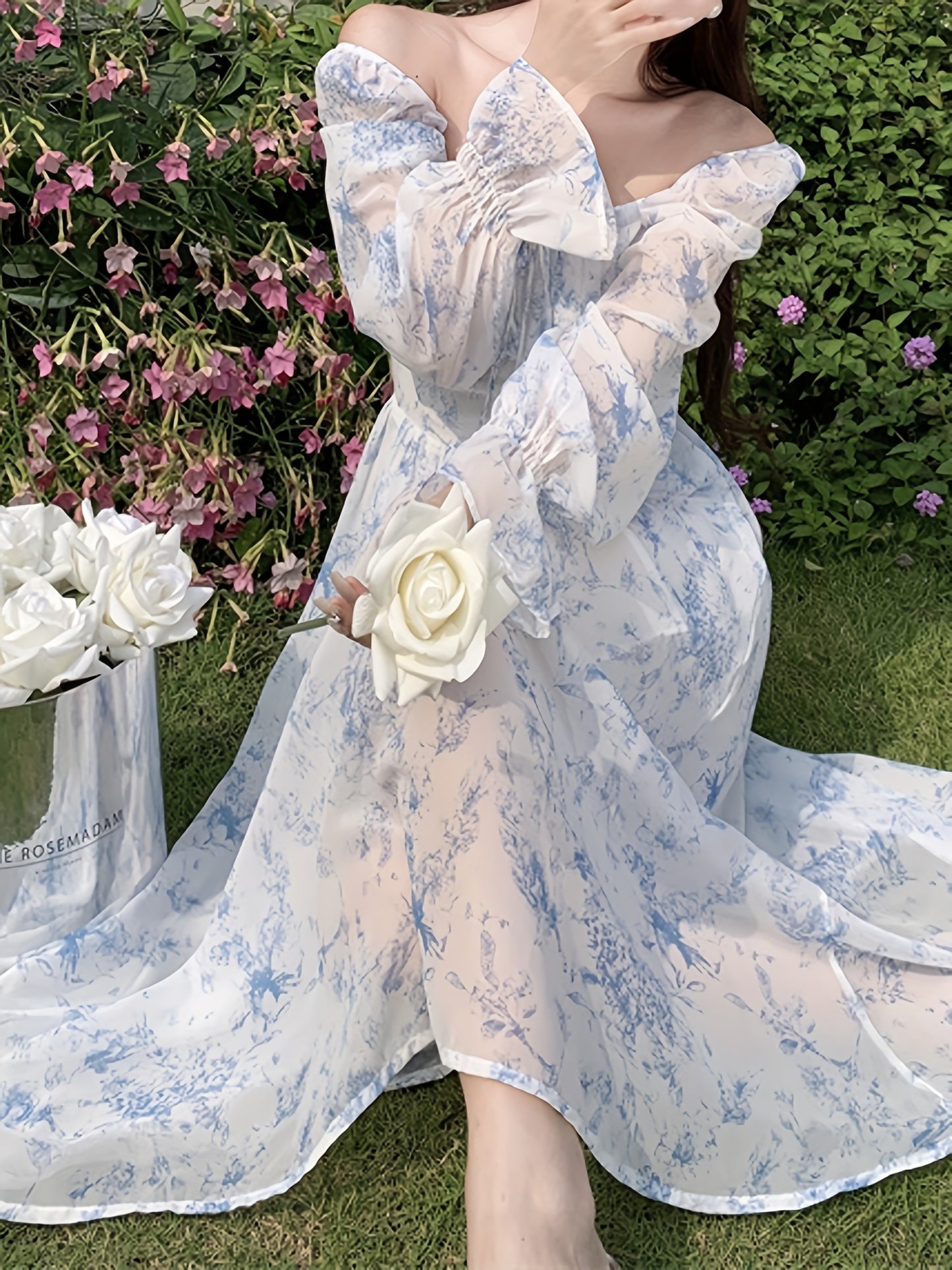 Elegant Floral Chiffon Midi Dress with Bell Sleeves - Square Neck, Long Sleeve, Lightweight, All-Season Wear for Women, Long Sleeve Dress