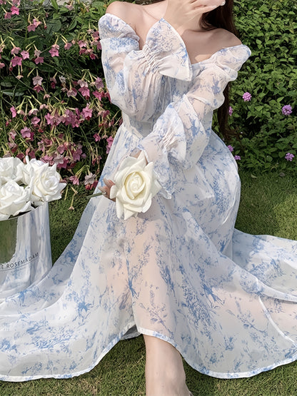 Elegant Floral Chiffon Midi Dress with Bell Sleeves - Square Neck, Long Sleeve, Lightweight, All-Season Wear for Women, Long Sleeve Dress