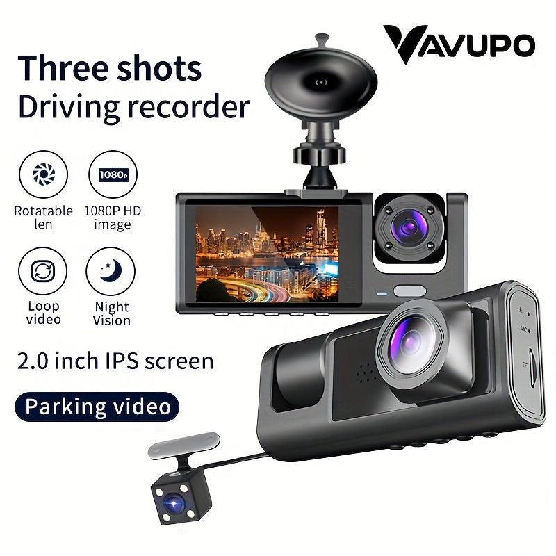 Vavupo 1080P Triple Dash Cam for Cars - Front, Inside & Rear View with IR Night Vision, Loop Recording, Wide Angle Lens, and 5.08cm IPS Display