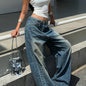 Vintage-Inspired Washed Blue Straight-Leg Jeans for Women - Casual Loose Fit, Versatile Denim Pants with Slash Pockets