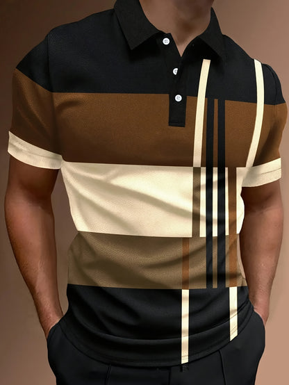 2024 Men'S Casual Geometric Print Knit Polo-Style Shirt with Lapel Collar and Slight Stretch - 100% Polyester Material - Regular Fit
