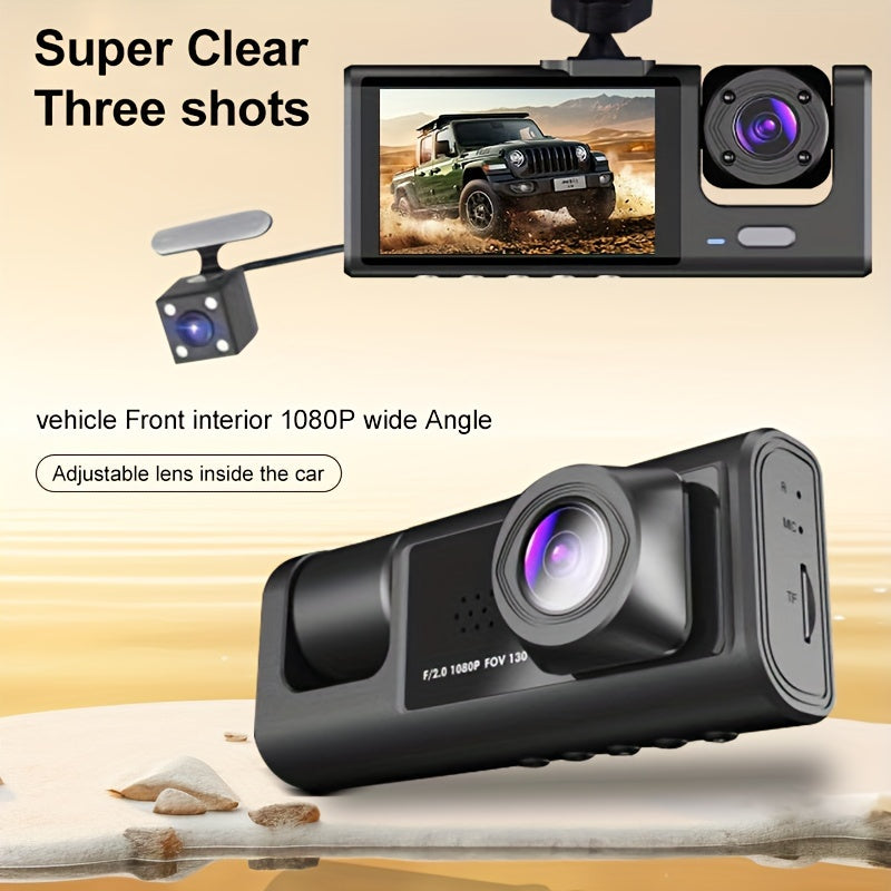 Vavupo 1080P Triple Dash Cam for Cars - Front, Inside & Rear View with IR Night Vision, Loop Recording, Wide Angle Lens, and 5.08cm IPS Display