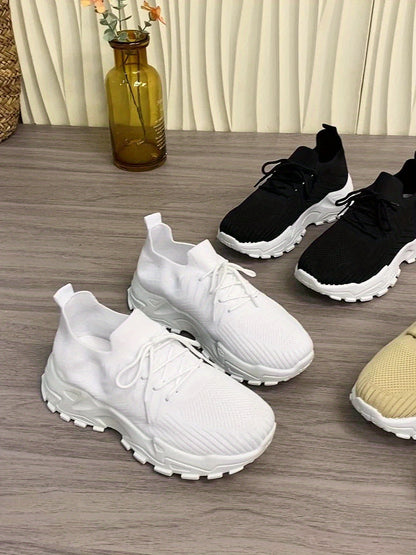 Women's Solid Color Fashion Sneakers - Casual Breathable Mesh Running Shoes with Lace-up Closure, Comfortable All-Season Walking Shoes with Anti-Slip PVC Sole, Low Top Design - Taizhou Exclusive