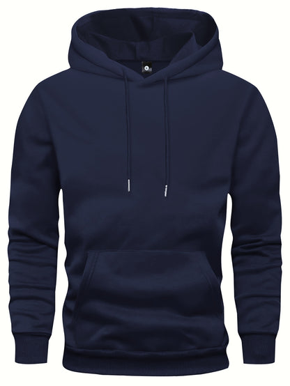 5pcs Men's Long Sleeve Hoodies, Solid Color Polyester Pullovers with Drawstring and Kangaroo Pocket, Casual Sports Jogging Tops for Spring/Fall - Regular Fit Knit Fabric Hooded Sweatshirts
