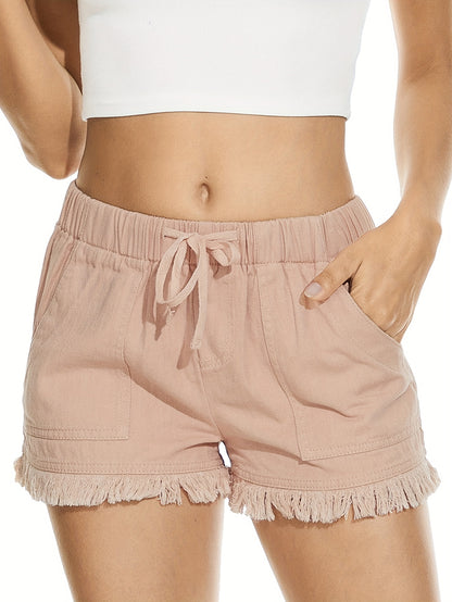 Women'S Casual Fashion Drawstring Elastic Waist Denim Shorts With Frayed Hem, Summer Comfort Fit Jean Shorts