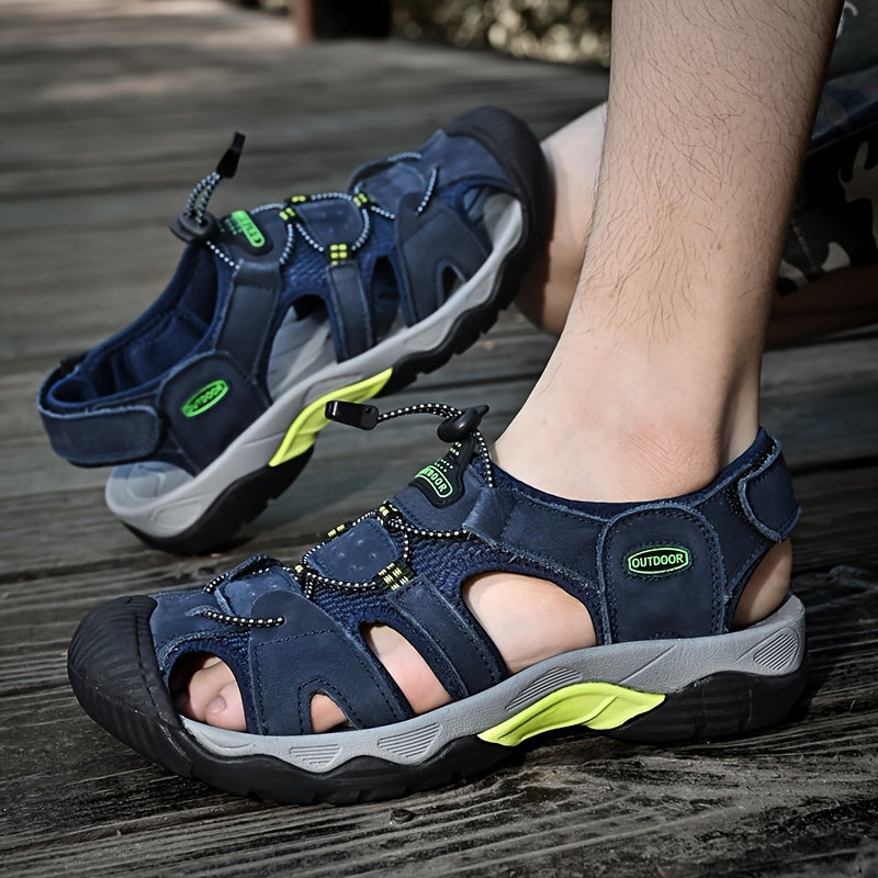 Men's Genuine Leather Non-Slip Sandals - Lightweight Quick-Dry Beach Shoes with Adjustable Straps, Breathable Rubber Sole & Comfortable Round Toe for Summer Casual Wear