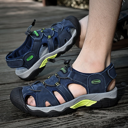 Men's Genuine Leather Non-Slip Sandals - Lightweight Quick-Dry Beach Shoes with Adjustable Straps, Breathable Rubber Sole & Comfortable Round Toe for Summer Casual Wear