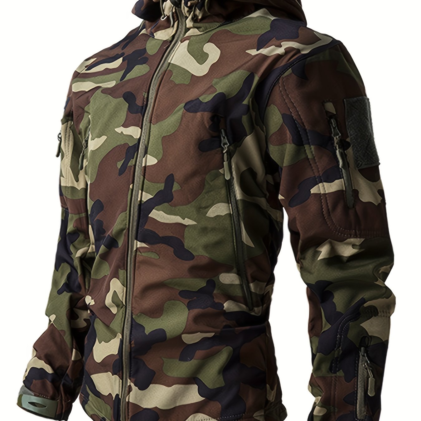 Men's Camouflage Printed Jacket, Softshell Hooded Outdoor Sports Coat, Hiking Casual Garment