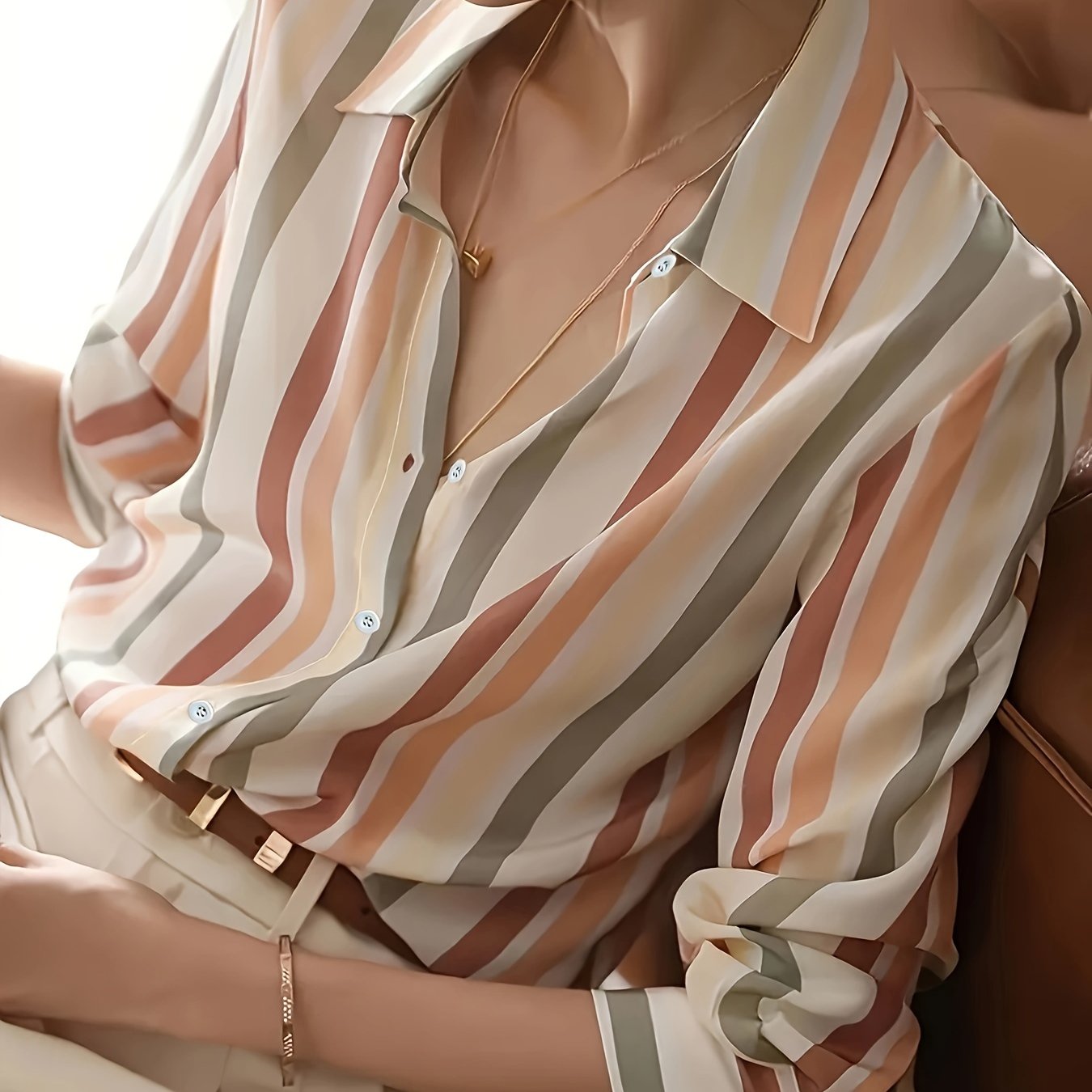Long Sleeve Color Block Button Front Shirt - Stylish Casual Wear for Spring & Fall Seasons - Womens Fashion Clothing with Comfortable Fit
