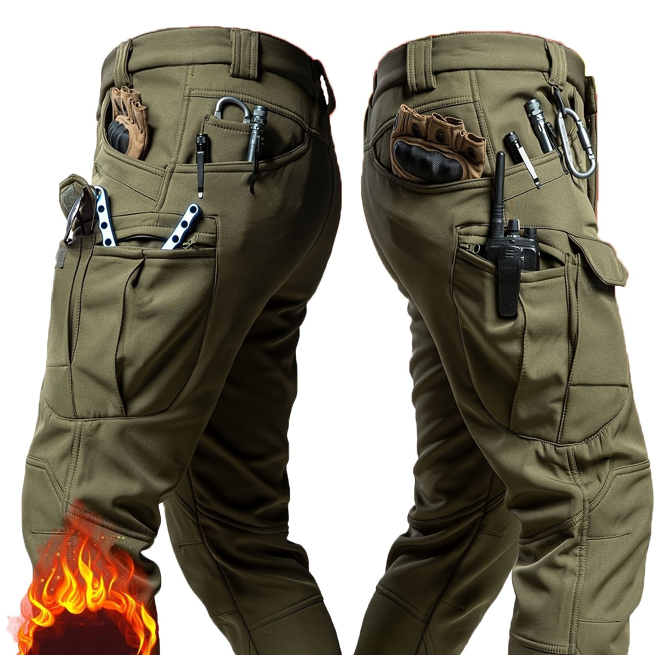Men'S Outdoor Military Tactical Pants, Soft Shell Fleece Lined, Waterproof Windproof Warm Work Pants, Autumn/Winter Season, Polyester 90.70%, Spandex 9.30%, Solid Color, Sports Style, Regular Fit, Mid Waist, Woven Fabric, 320