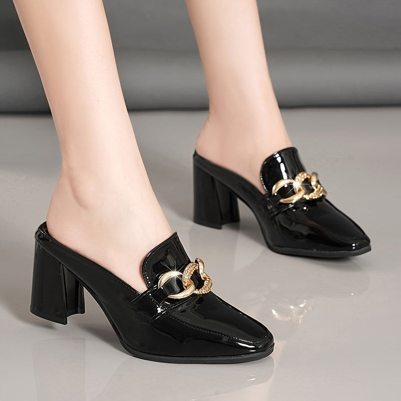 White Block Heel Pumps for Women - Elegant Pointed Toe Slip-On Shoes with Golden Chain Detail - High Heel Loafers with Rubber Sole - All Season Professional Dress Pumps